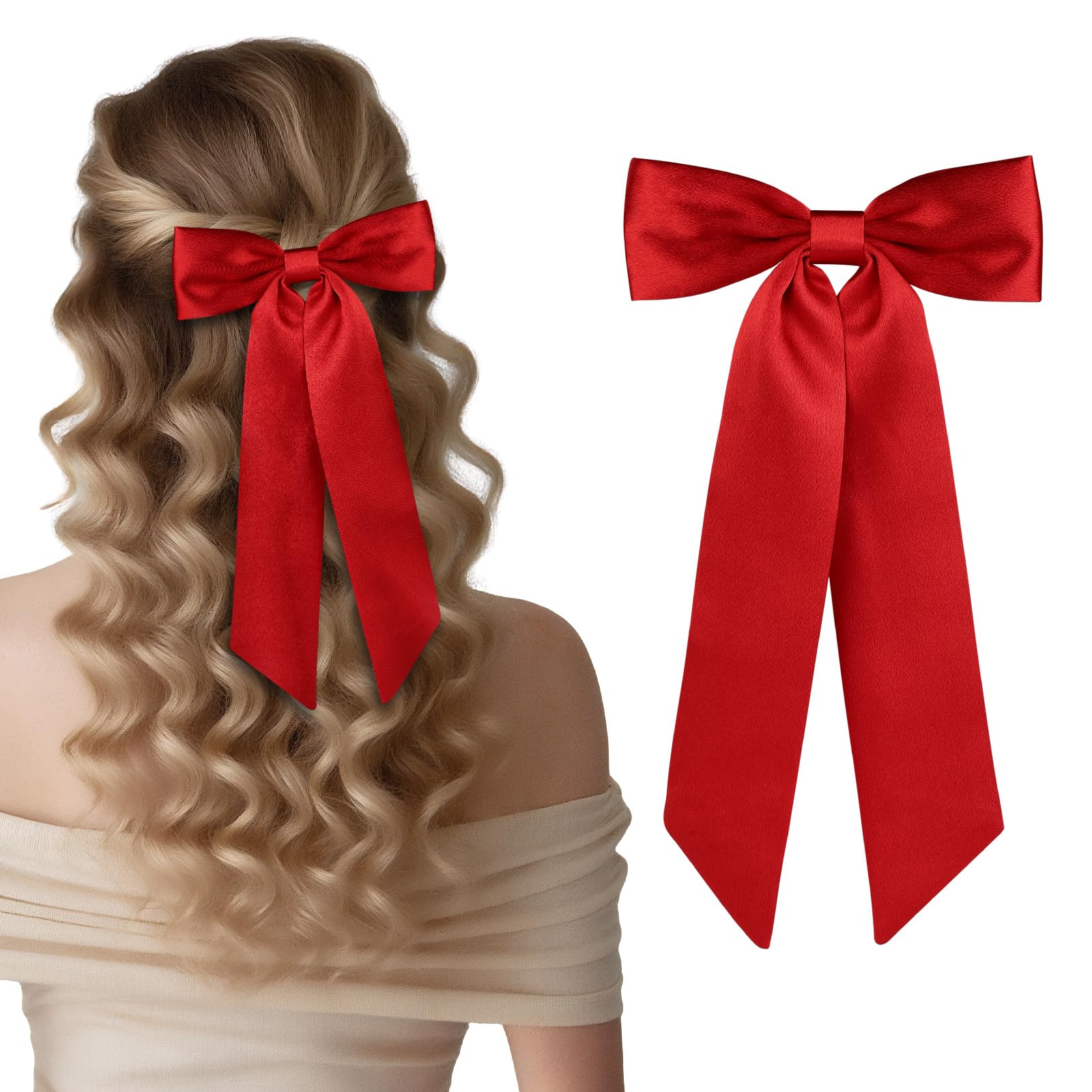 WantGor red satin bow clip secures braids and half-up styles.