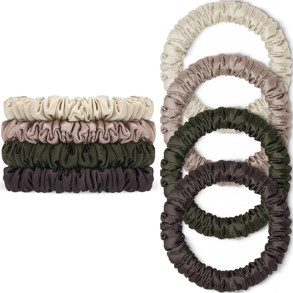 WantGor silk scrunchies four-piece color set in beige, champagne, coffee, grey-green for hold and reduced breakage.