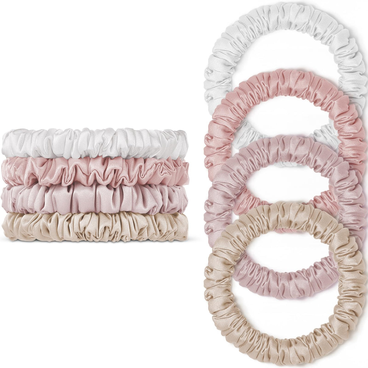 WantGor silk scrunchies packshot highlights luxury mulberry silk for gentle hair care.