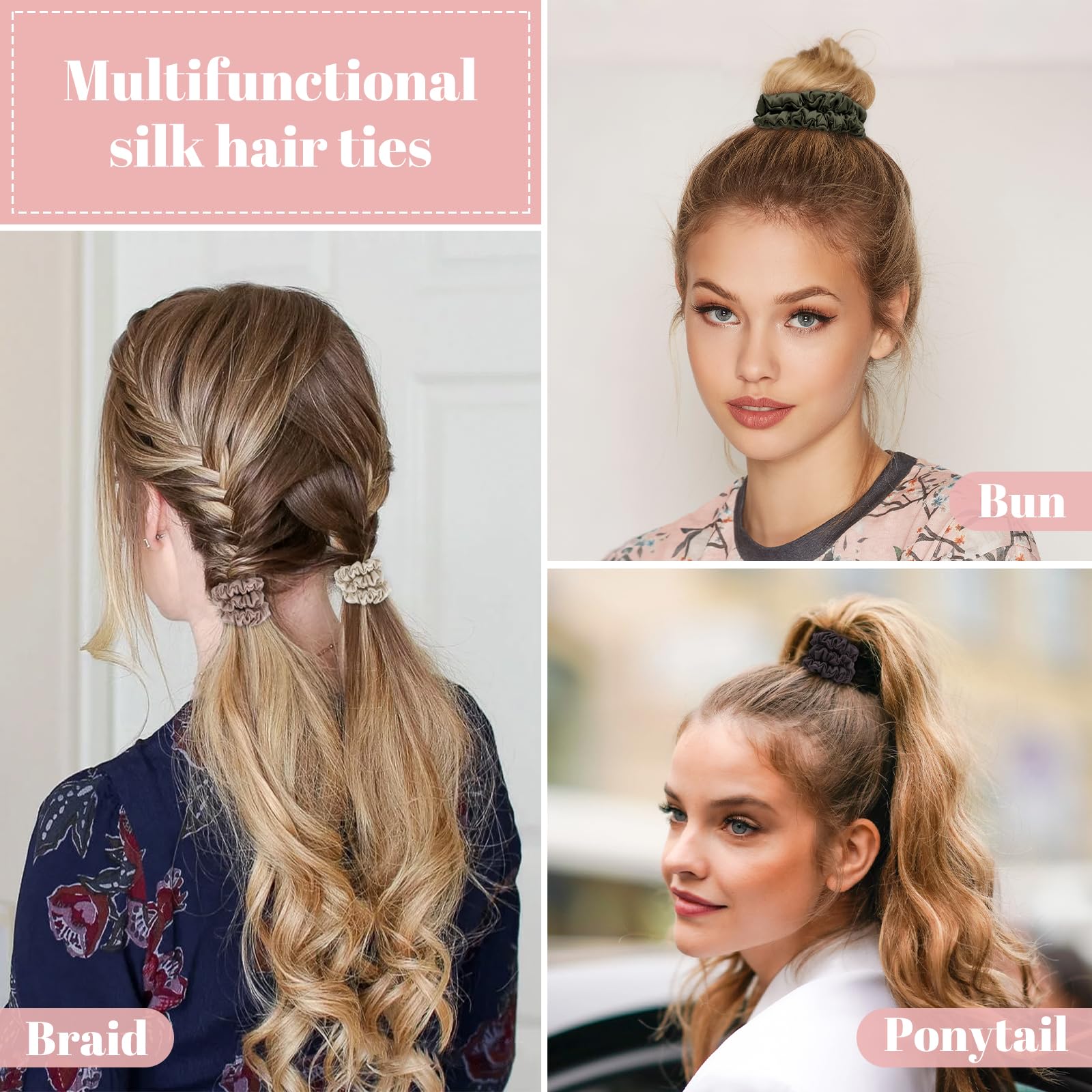 WantGor silk scrunchies worn as a chic wrist accessory for style and handy ponytail pull.