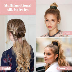 WantGor silk scrunchies worn as a chic wrist accessory for style and handy ponytail pull.