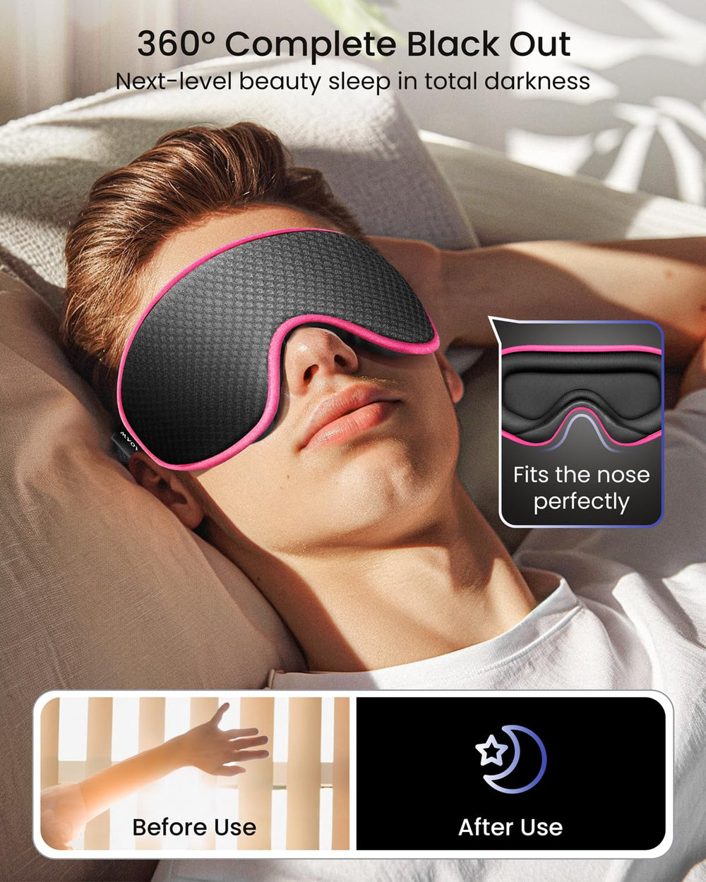WAOAW Sleep Mask adjustable strap ensures secure fit without hair snagging.