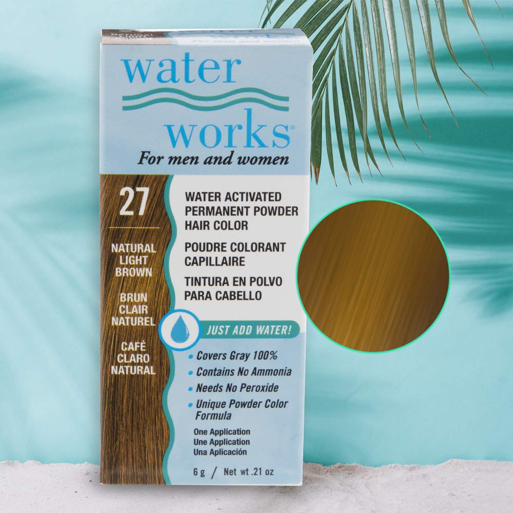 Water Works hair color powder full-coverage application on light brown hair demonstrates lasting color.