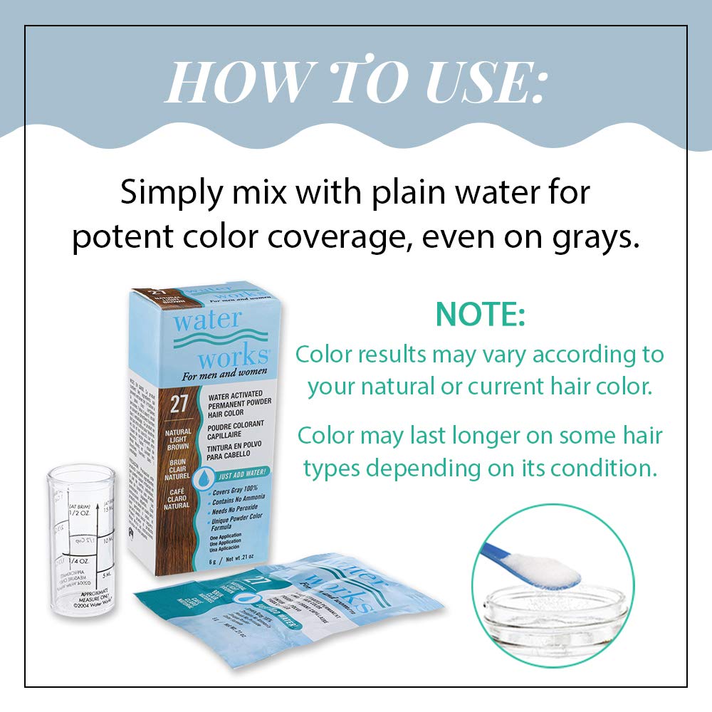 Water Works hair color powder light brown closeup shows pigment adherence.