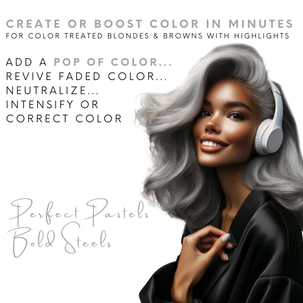 Watercolors Intense Metallic shampoo applied to hair for color refresh between salon visits.