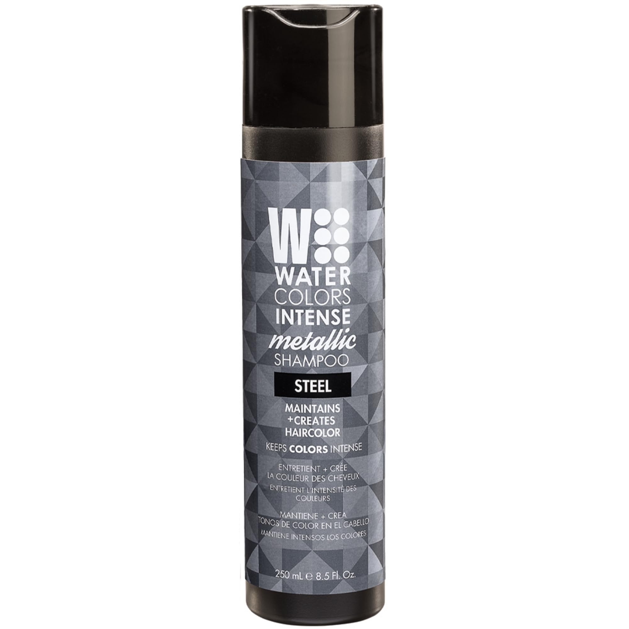 Watercolors Intense Metallic shampoo steel bottle highlighting color-maintenance packaging.