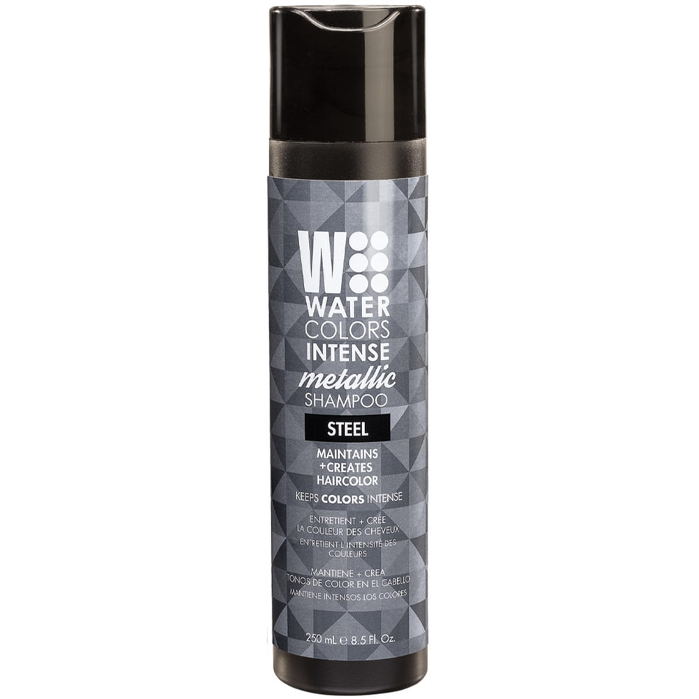Watercolors Intense Metallic shampoo steel bottle highlighting color-maintenance packaging.