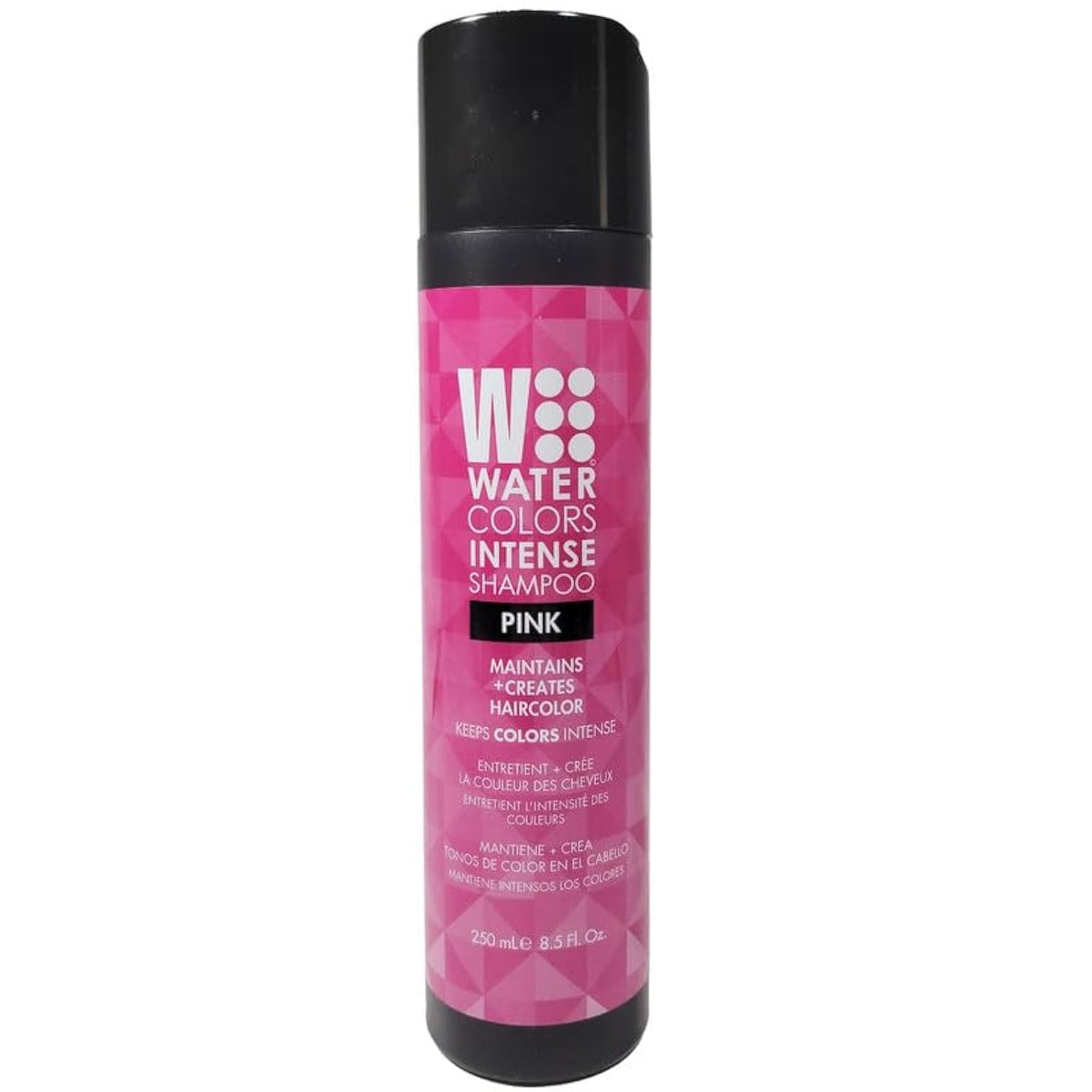 Watercolors pink shampoo bottle shows vibrant color refresh for fashion-toned hair.