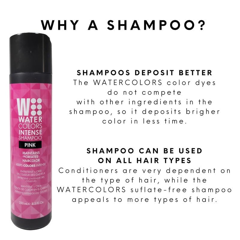 Watercolors pink shampoo pump demonstrates convenient dispensing for quick color refresh.