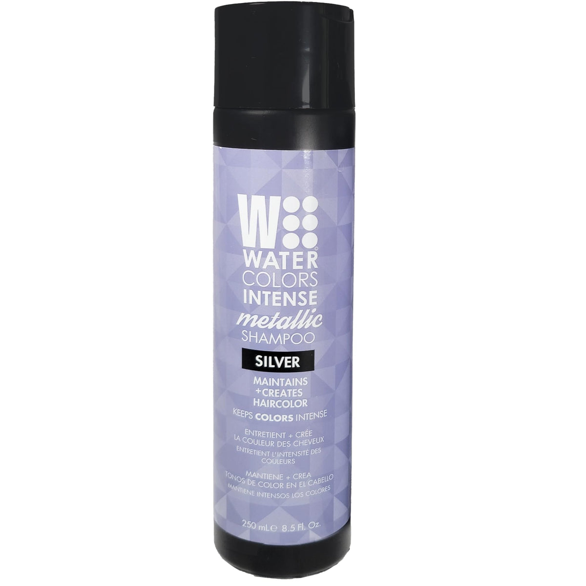 Watercolors Silver shampoo bottle shows color-depositing formula for vibrant, refreshed hair between salon visits.