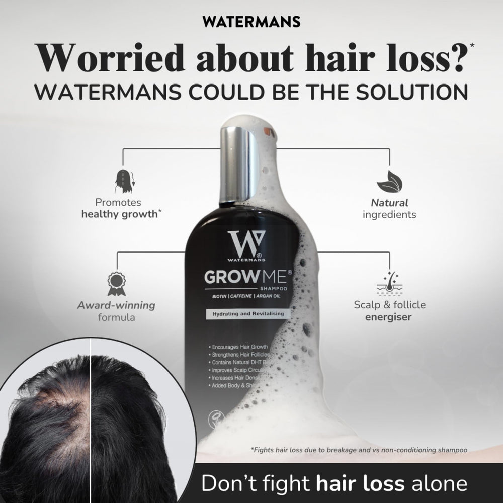 Watermans Grow Me conditioner bottle signaling nourished strands and smoother styling.