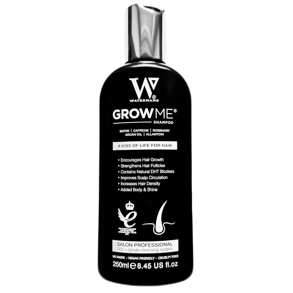 Watermans Grow Me shampoo bottle pours for easy application for fuller looking hair