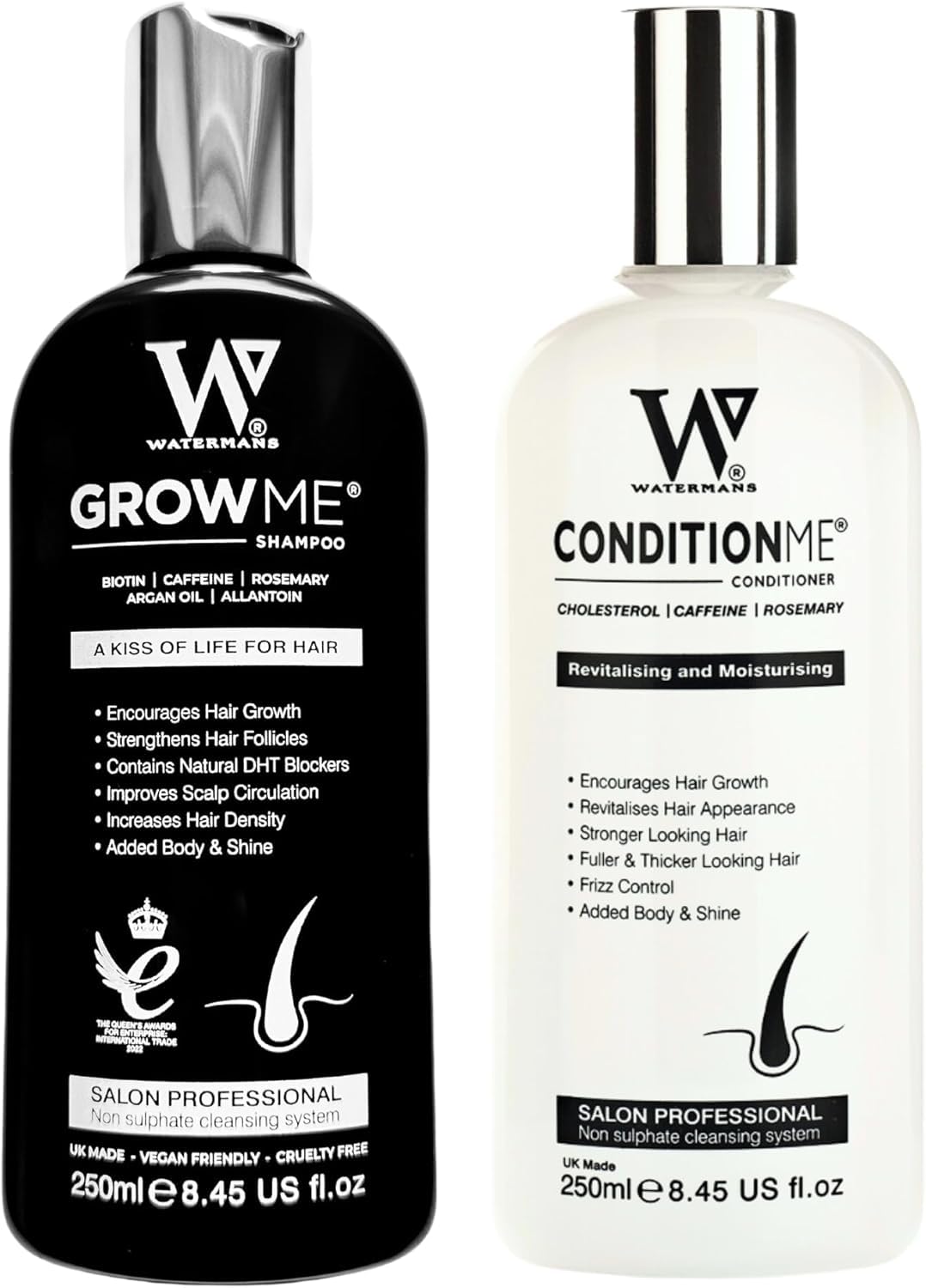 Watermans Grow Me shampoo bottle with caffeine-infused formula for thicker-looking hair.