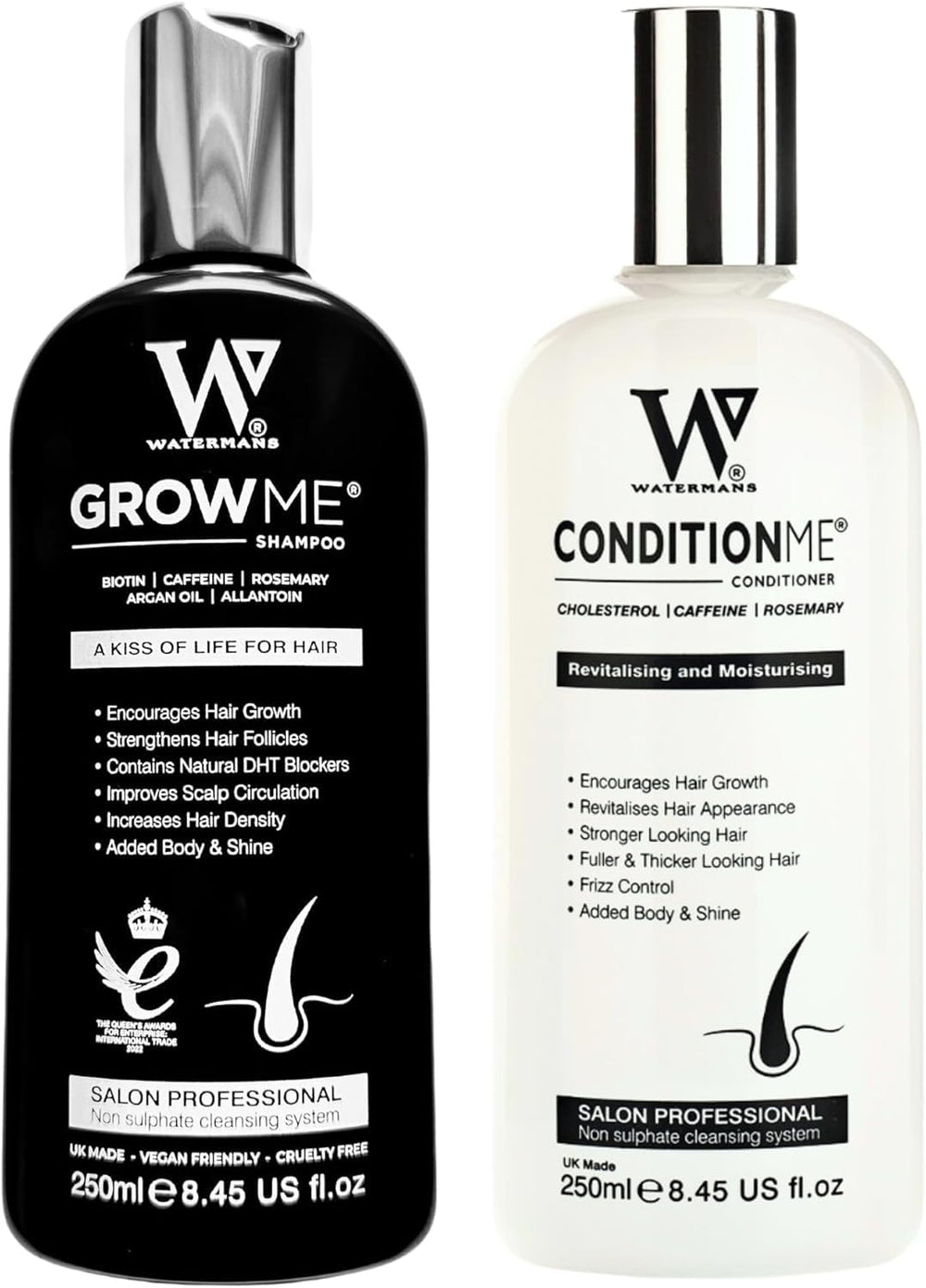 Watermans Grow Me shampoo bottle with caffeine-infused formula for thicker-looking hair.