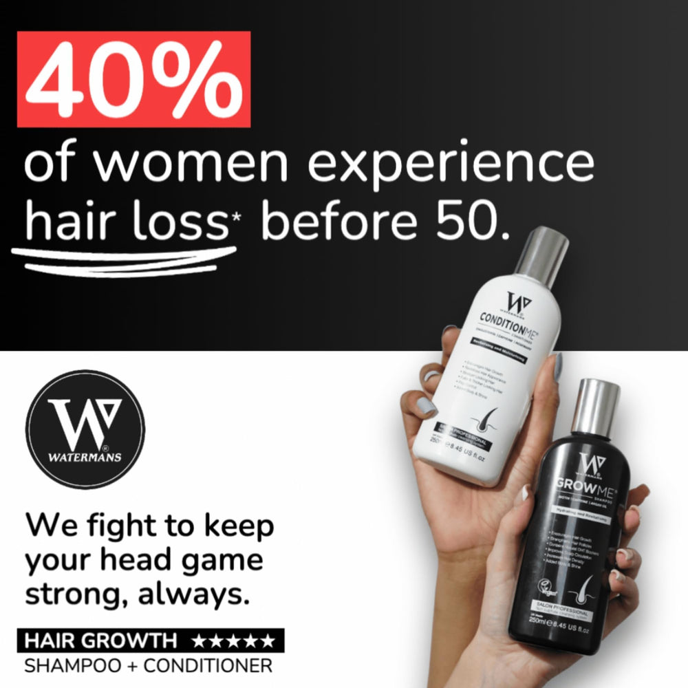 Close-up of Watermans Grow Me shampoo ingredients with biotin and argan oil for scalp health.