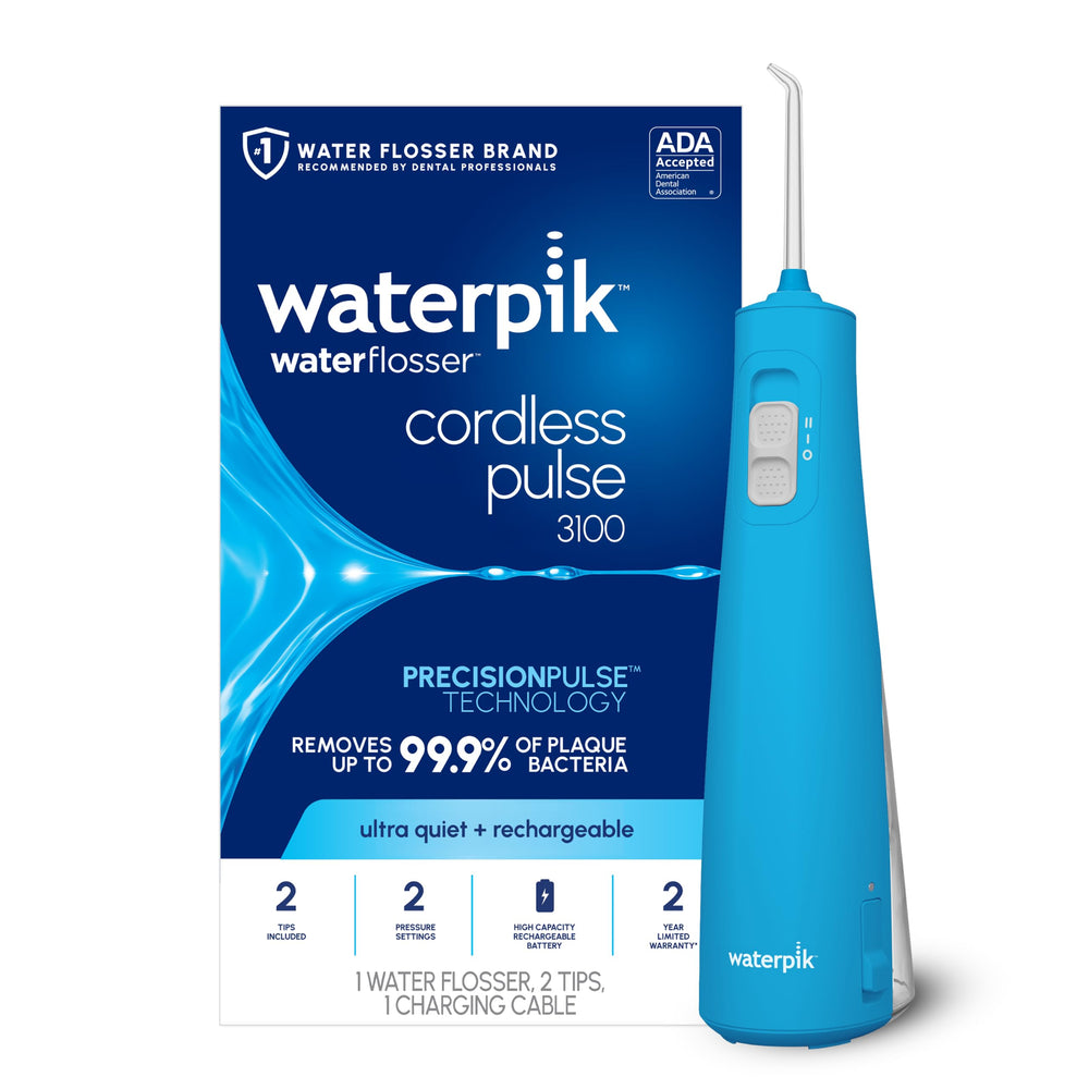 Waterpik Cordless Pulse 3100 front view showing compact profile and cyan finish, easy storage benefit
