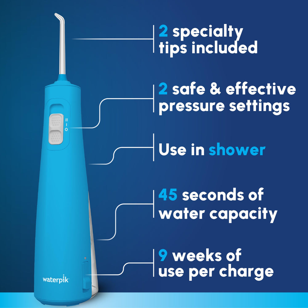 Waterpik close-up of removable 6 oz reservoir demonstrating quick fill and top-rack dishwasher safety