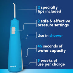 Waterpik close-up of removable 6 oz reservoir demonstrating quick fill and top-rack dishwasher safety