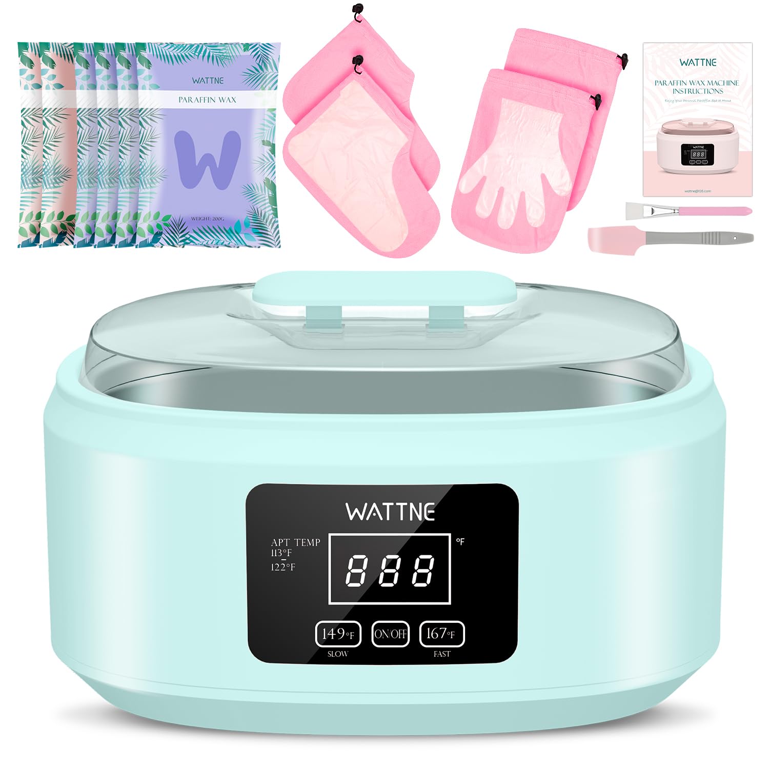 Wattne paraffin-wax-machine-hands-feet-setup offers spacious dip area for at-home spa pampering.