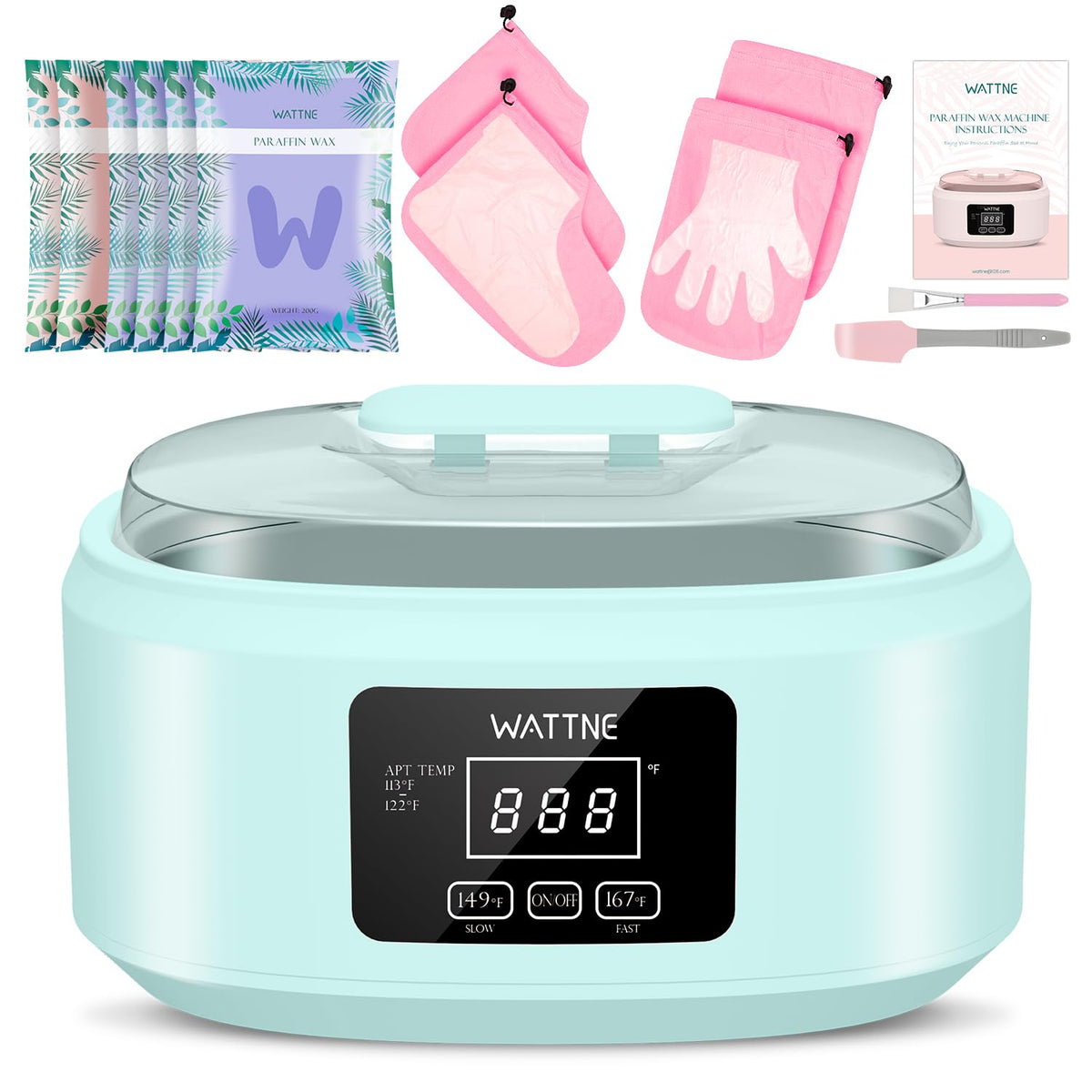 Wattne paraffin-wax-machine-hands-feet-setup offers spacious dip area for at-home spa pampering.