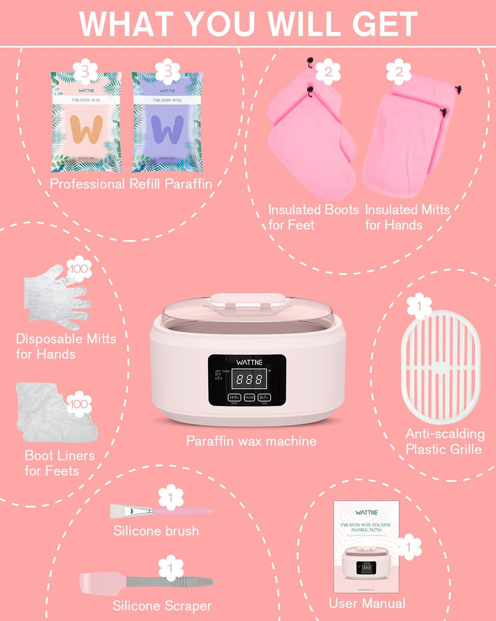 Wattne paraffin wax machine temperature control panel lets you customize heat for comfortable sessions.
