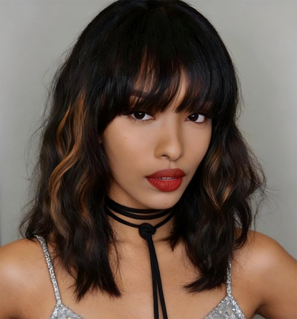WAVE&BREEZE black mixed brown highlights wig front view for natural daily wear
