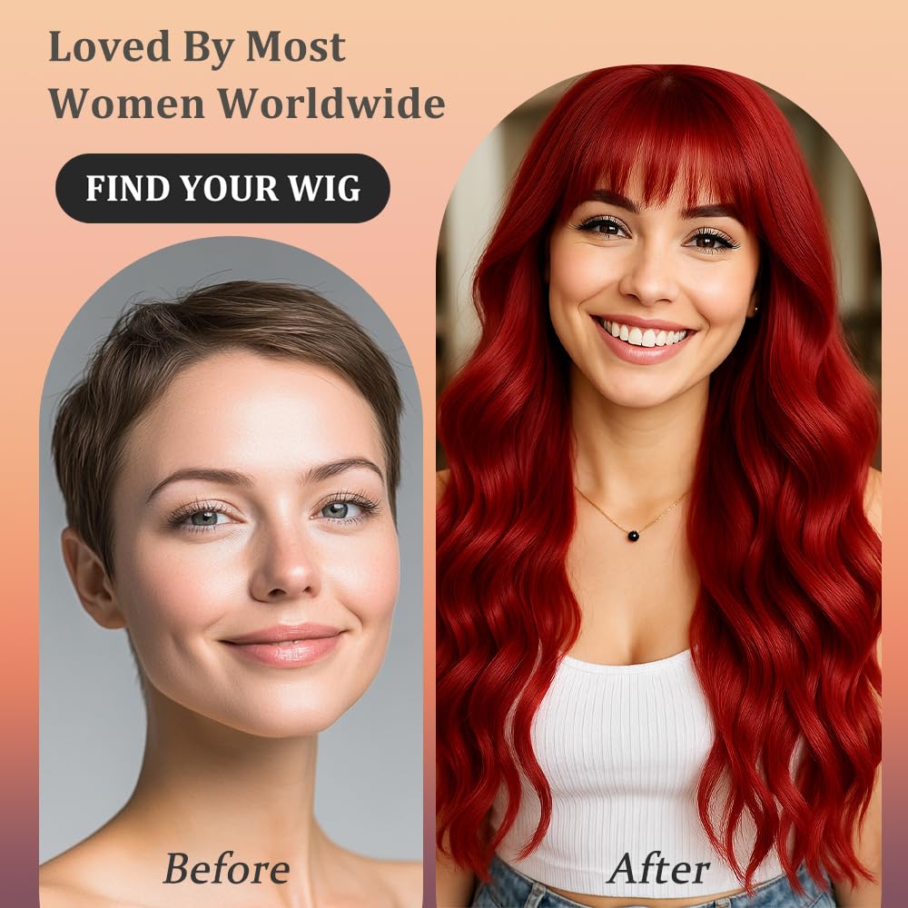 WAVE&BREEZE long red wig bangs 26in back view reveals full volume and movement.