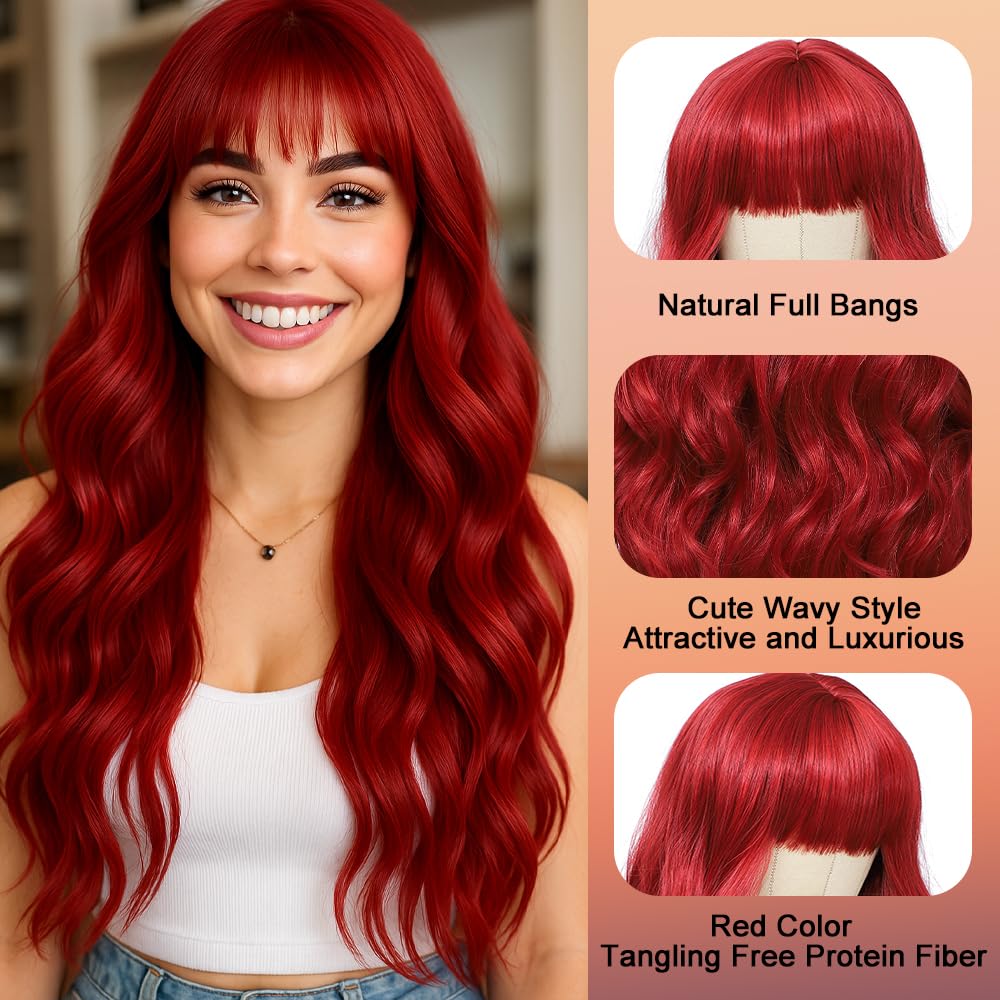 WAVE&BREEZE long red wig bangs 26in side view highlights versatile styling options.