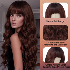 Wave&Breeze wavy curly auburn bangs 26inch side view adds voluminous texture