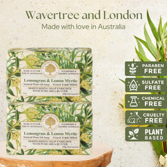 Wavertree & London soap bars close-up shows creamy lather potential.