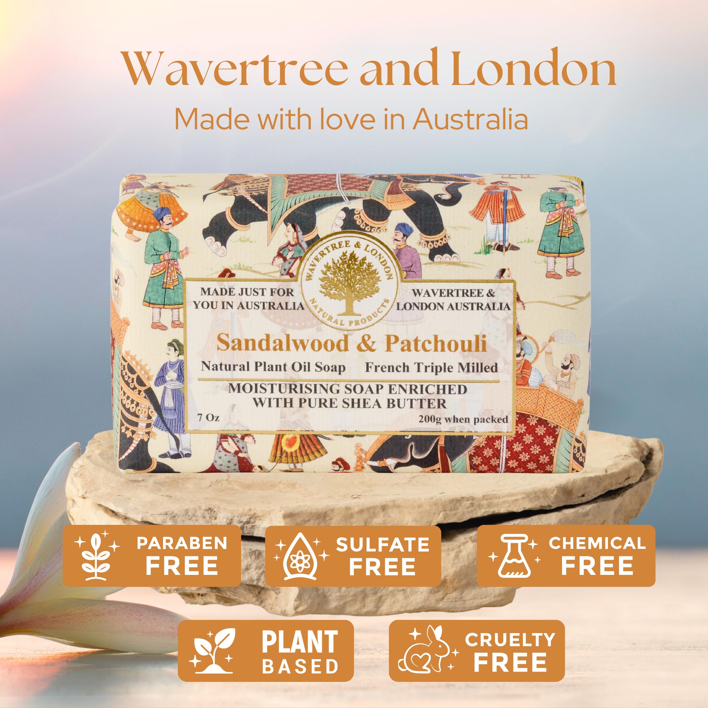 Wavertree & London sandalwood patchouli soap bar lather closeup showing rich foam