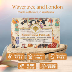 Wavertree & London sandalwood patchouli soap bar lather closeup showing rich foam