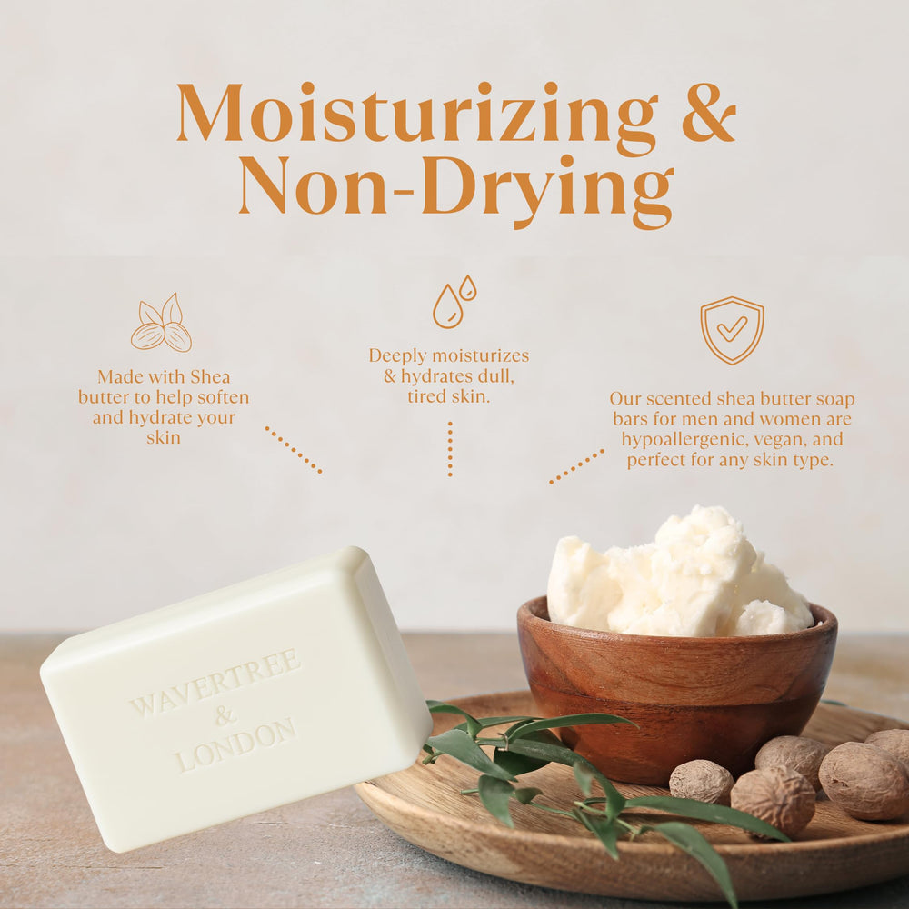 Wavertree & London shea butter moisturizing bar closeup with creamy lather