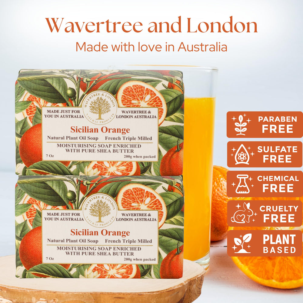 Wavertree & London Sicilian Orange soap bar closeup shows creamy lather and gentle cleansing.