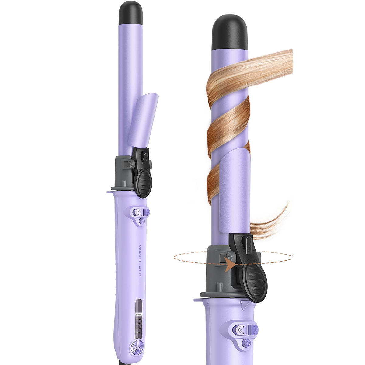 Wavytalk 1 inch rotating curling iron barrel close-up showing effortless beach waves
