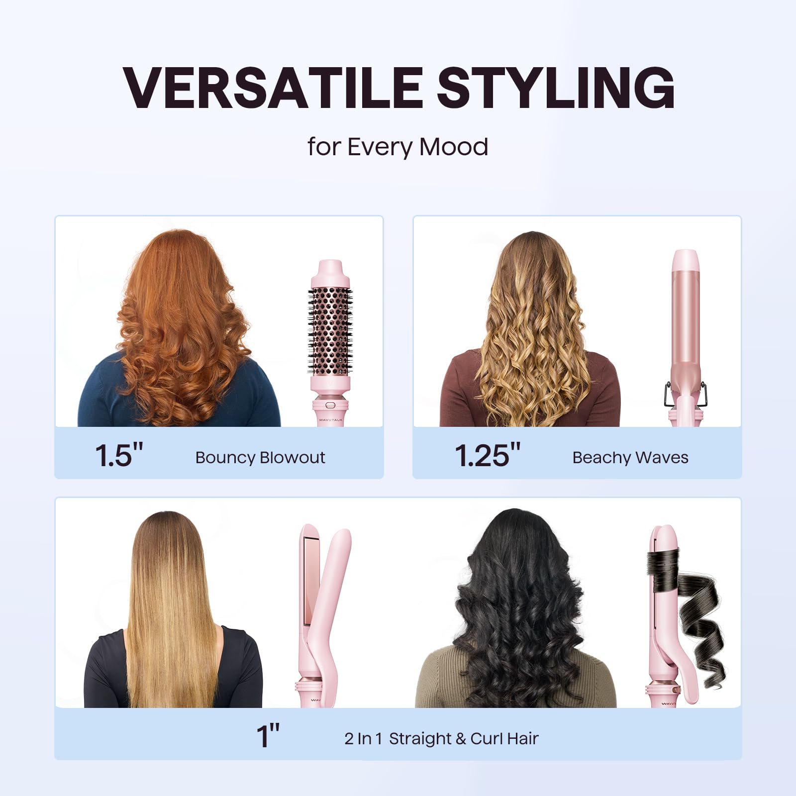 Wavytalk 3in1 curling iron 1.25-inch pink creates defined curls with even heat.