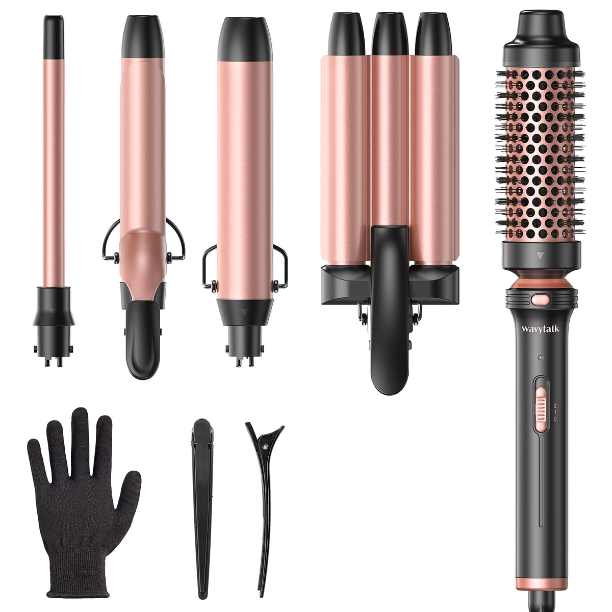 Wavytalk 5-in-1 wand set in Rose Pink with interchangeable barrels for versatile styling.