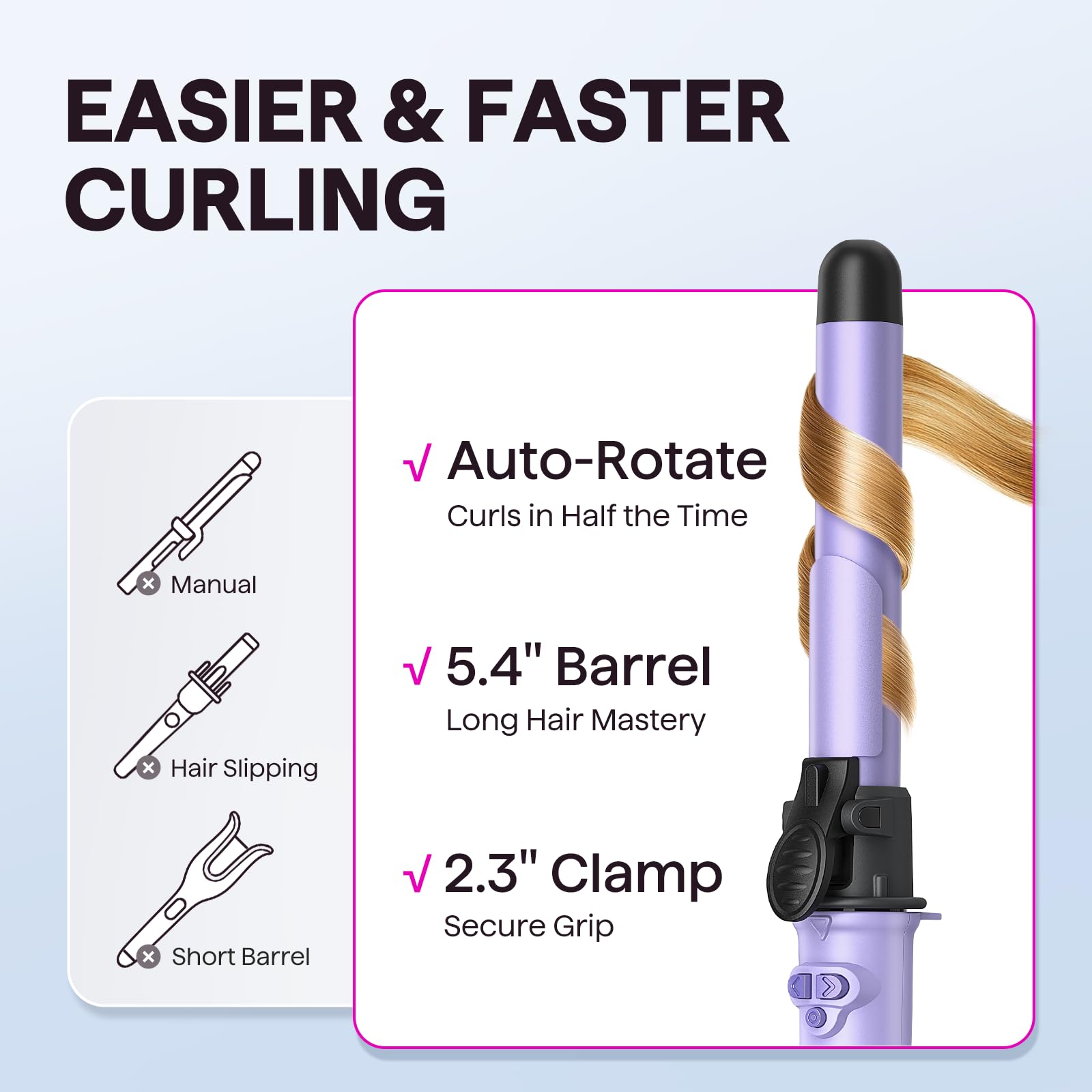 Wavytalk automatic curling wand demonstrates self-spinning barrel for long hair styling
