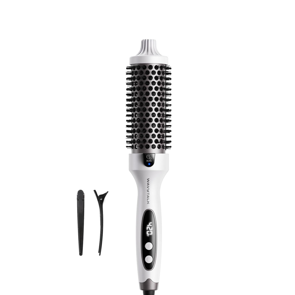Wavytalk Blowout Boost front view shows a sleek 1.5 inch heated brush for salon-worthy volume.