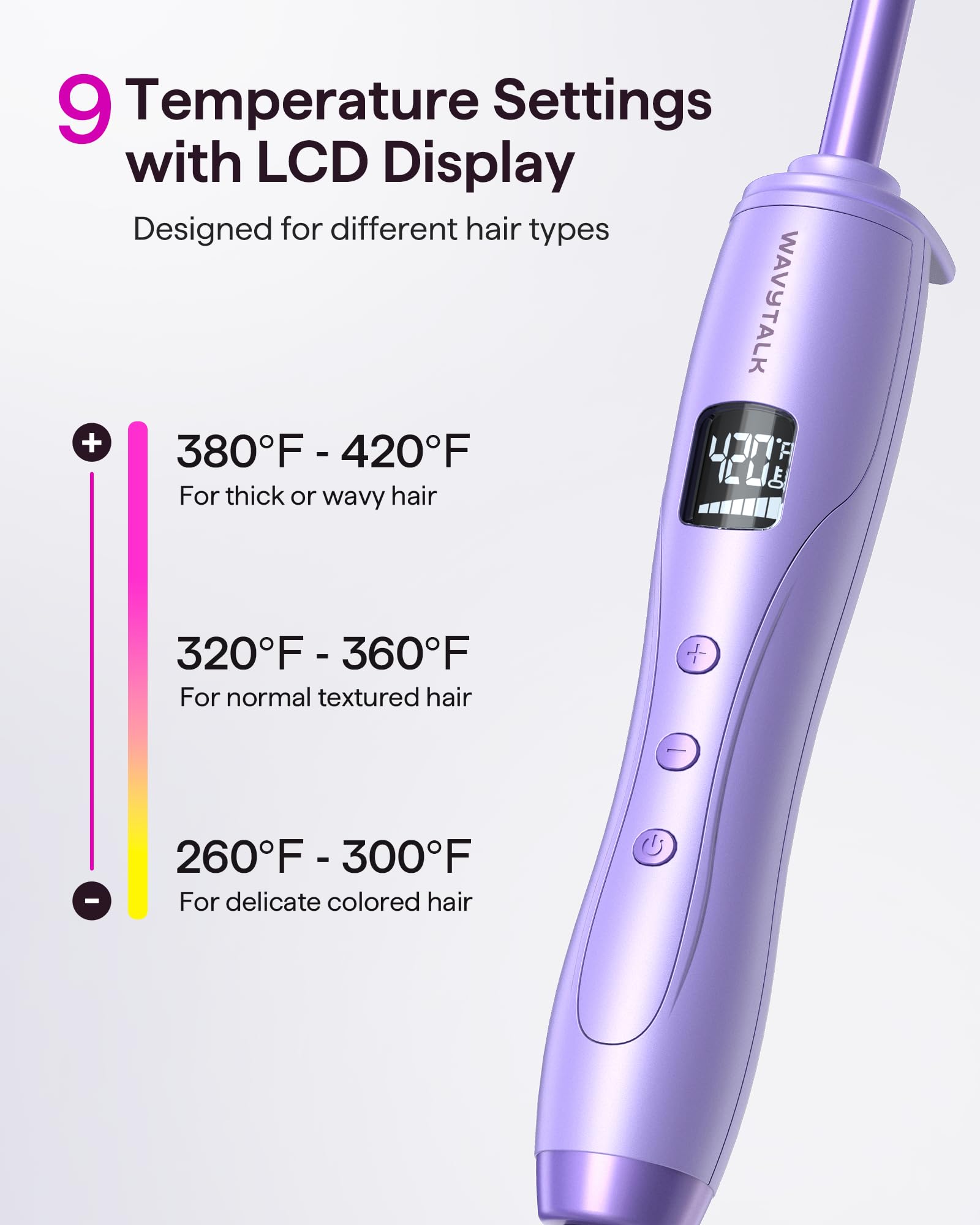 Wavytalk curling iron LCD display shows precise temperature control in purple.