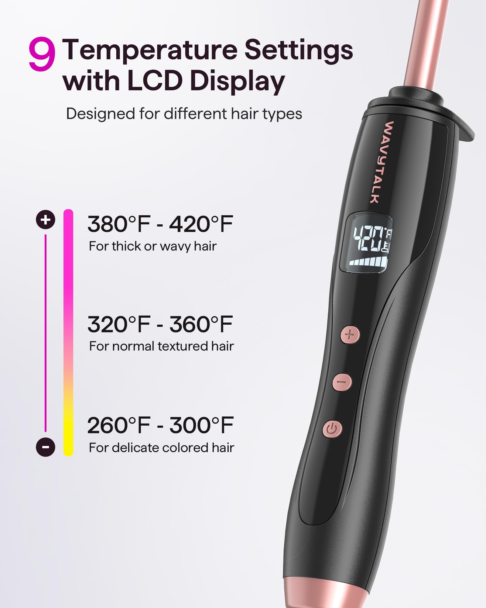 Wavytalk LCD display with temperature settings enables precise styling control.