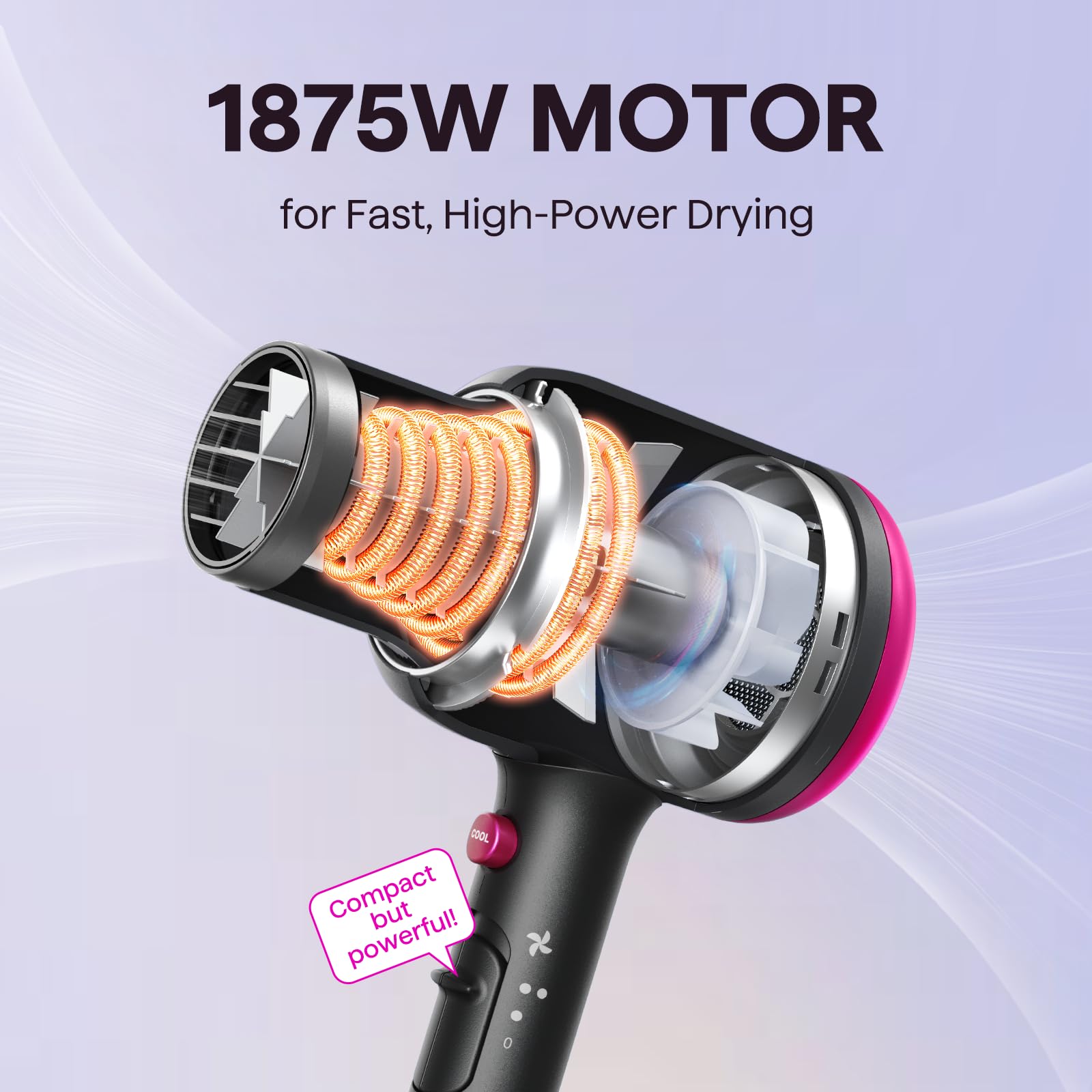 Wavytalk 1875W motor powers fast, efficient drying.