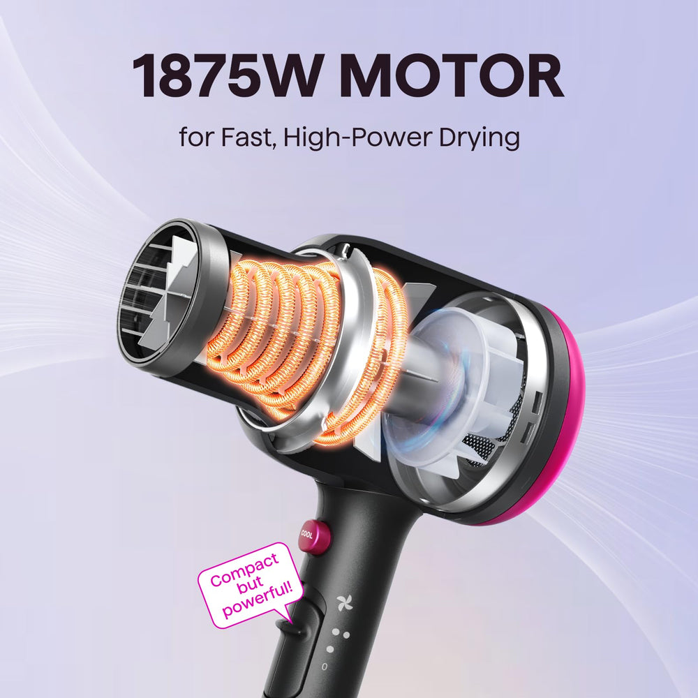 Wavytalk 1875W motor powers fast, efficient drying.