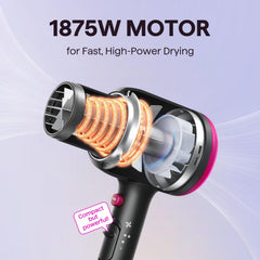 Wavytalk 1875W motor powers fast, efficient drying.