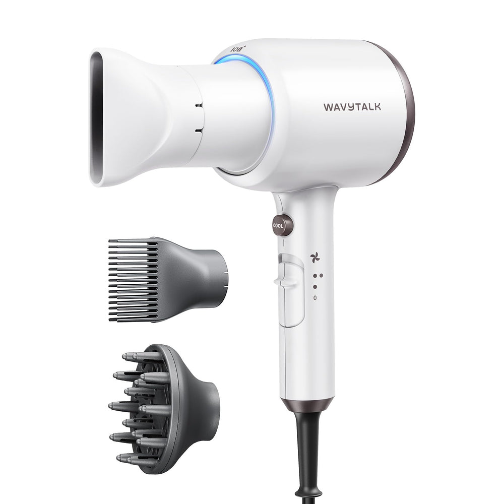 Wavytalk hair dryer with diffuser attached for curl definition and frizz control.