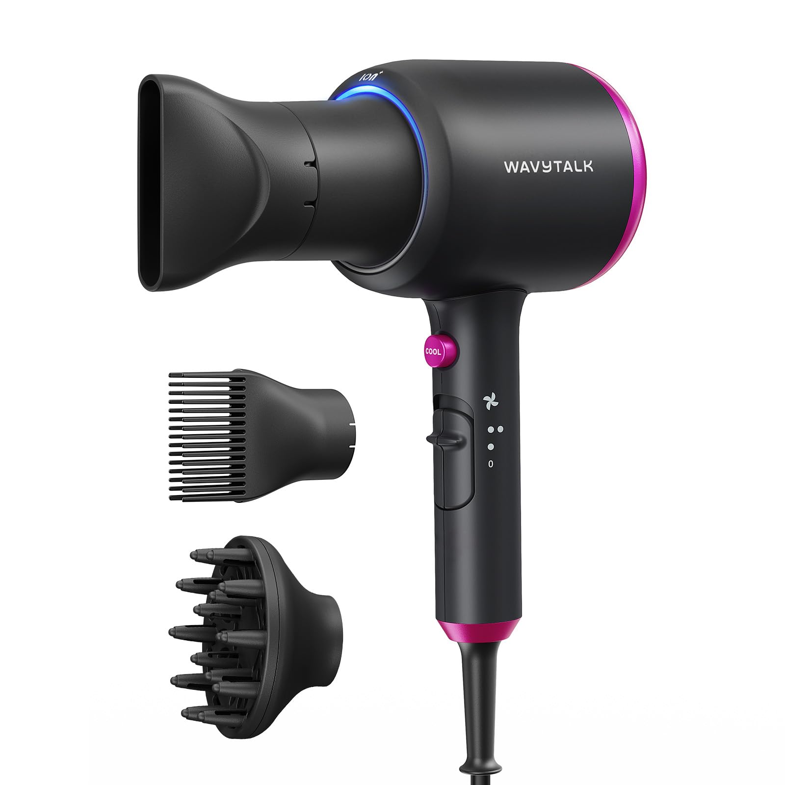 Wavytalk hair dryer with diffuser for defined curls and frizz control.