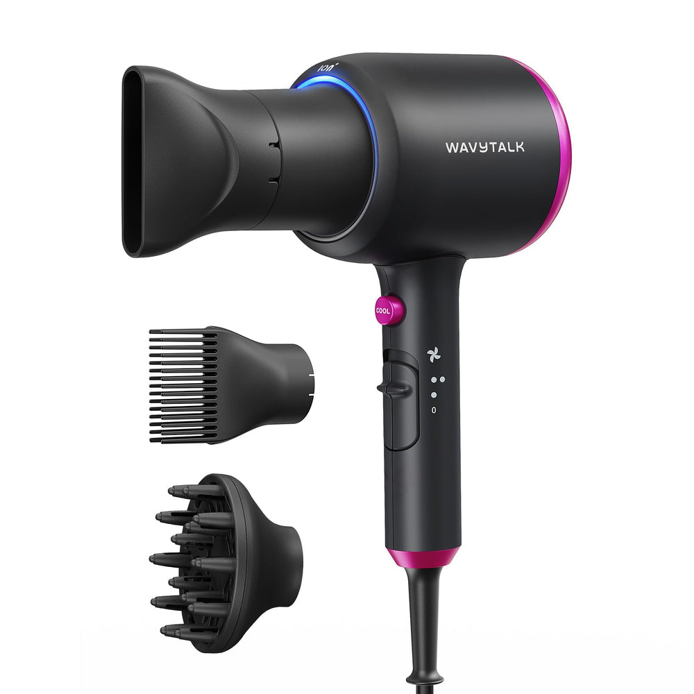Wavytalk hair dryer with diffuser for defined curls and frizz control.