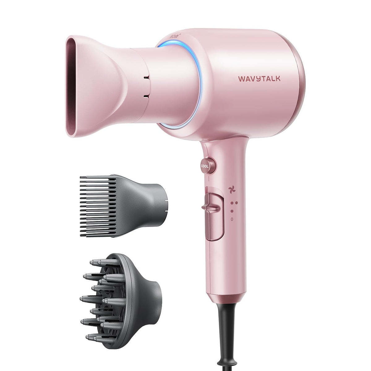 Wavytalk hair dryer front view in pink for fast drying and sleek styling.