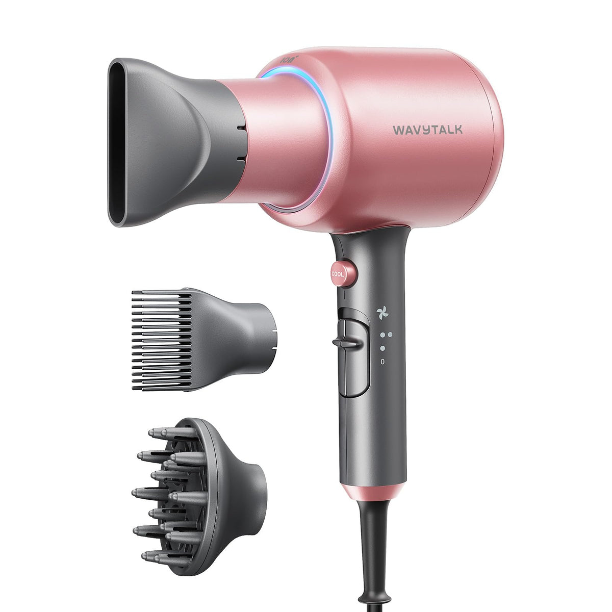Wavytalk hair dryer rose gold body delivering quick, efficient drying.