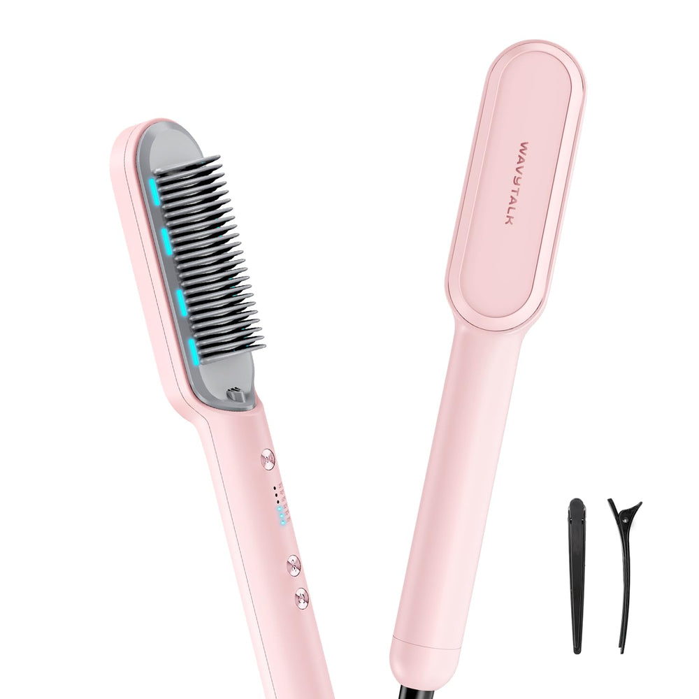 Wavytalk hair straightener brush front view for quick sleek styles at home.